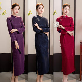 GX复古国风针织提花加绒长袖旗袍2025冬季新款老上海宴会旗袍连衣裙