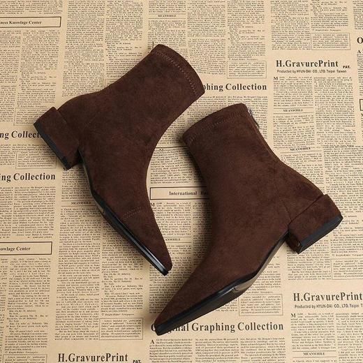 法式后拉链裸靴平底尖头短靴子时尚显瘦弹力瘦瘦靴秋冬新款35-40 商品图1