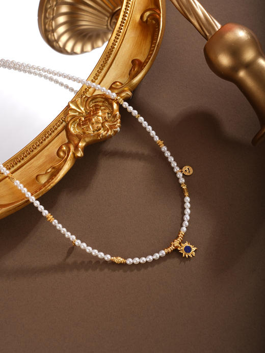 子佩集【曜日灵光】银S925珍珠项链【QNX0016】3mm珠青金石镀金太阳神三角之眼2512 商品图0