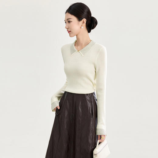 「高货wl」全新升级【铂金会员183/天猫249/差价66】(12234)洛诗琳气质绵羊毛混纺上衣2025秋冬亮钻翻领针织打底衫 商品图1