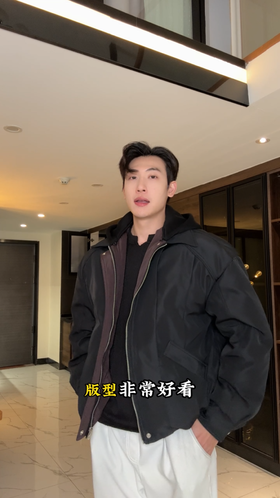 880568SDSA男士秋冬新款痞帅男装韩版宽松羽绒服百搭拼接连帽褶皱外套