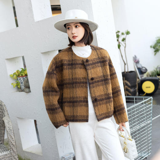 SZ6A19_栀黄色_上衣外套_秋冬_圆领单排扣宽松落肩袖格纹_高级女装_BERNIEELEN 伯妮斯茵 商品图0