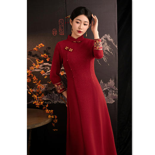 GX新中式A版旗袍 2025冬新款中国风优雅气质长款显瘦红色旗袍连衣裙 商品图3
