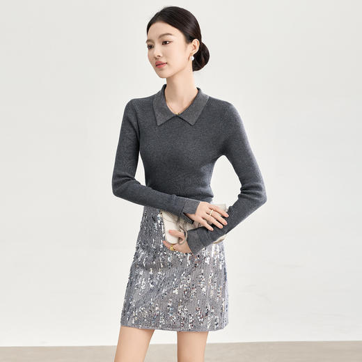 「高货wl」全新升级【铂金会员183/天猫249/差价66】(12234)洛诗琳气质绵羊毛混纺上衣2025秋冬亮钻翻领针织打底衫 商品图0