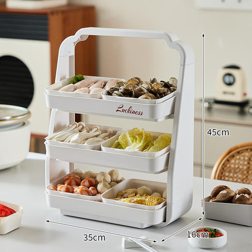 🥳【多功能沥水火锅备菜托盘置物架】🤩不得不说，真的是我今年发现的厨房小确幸！！！开放式设计，食材一目了然。切好直接放，肉素分开，不光看着更整洁了，还不会串味。 商品图5