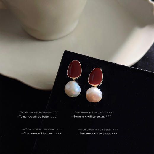 雀说 巴洛克淡水珍珠耳环女法式复古红色滴油耳环2361 商品图0