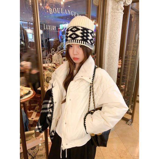 <曾小咸推荐>韩系翻领浅杏色菱格棉服女冬季棉袄毛绒绒保暖棉衣外套上衣 商品图4