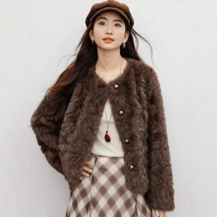 丁摩 圆领环保皮草皮毛一体女短款小个子外套毛毛上衣2531 商品图1