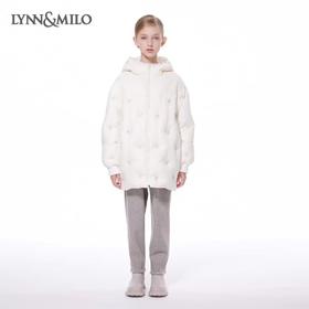 【春上新】8楼琳麦罗 LYNN&MILO 米色蕾丝拼接水母珠绣茧形连帽羽绒服