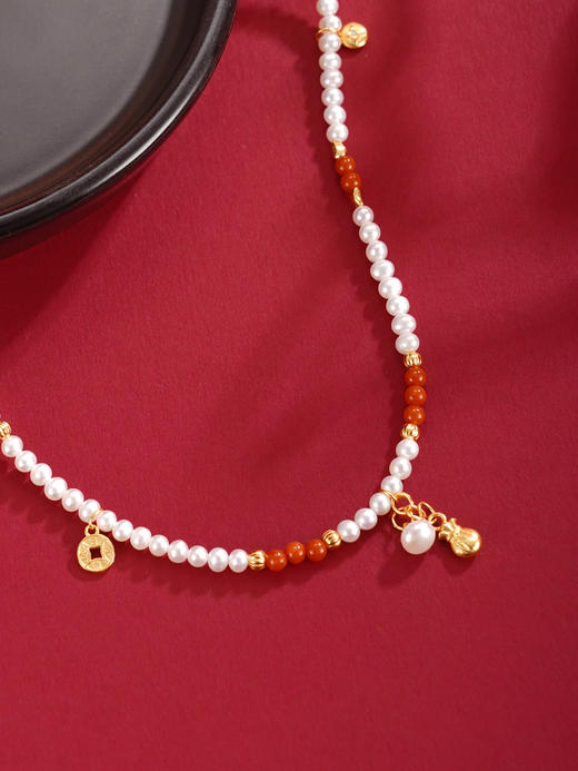 子佩集【钱缘之聚】银S925珍珠项链【QNX0013】3mm珠南红镀金福袋钱币2512 商品图1