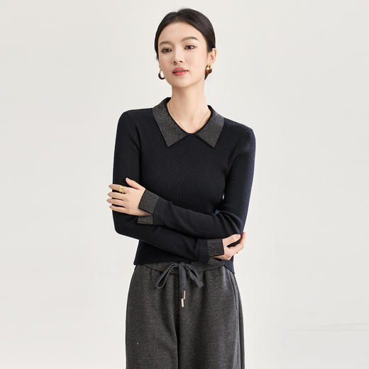 「高货wl」全新升级【铂金会员183/天猫249/差价66】(12234)洛诗琳气质绵羊毛混纺上衣2025秋冬亮钻翻领针织打底衫 商品图2