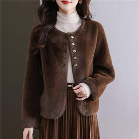 丁摩 仿水貂毛绒皮草大衣短款圆领毛绒绒外套9050