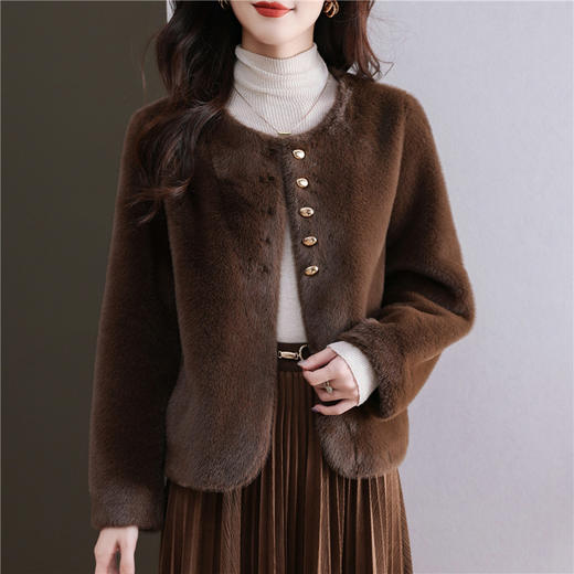 丁摩 仿水貂毛绒皮草大衣短款圆领毛绒绒外套9050 商品图0