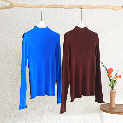 「自」全新升级【铂金会员257/天猫339/差价82】(22041)洛诗琳法式双色拼色半高领打底衫2025秋冬修身显瘦针织上衣 商品图3