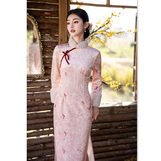 GX丝绒复合加绒长款倒大袖少女款旗袍2025冬新款改良新中式日常旗袍 商品图3