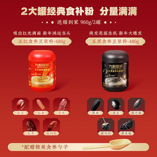 “国民豆浆品牌”九阳豆浆 新年豆浆粉礼盒 五红五黑食养豆浆五福临门礼盒/铁皮石斛八珍食养豆浆礼盒 营养丰富 细腻丝滑 480g/罐 商品图1