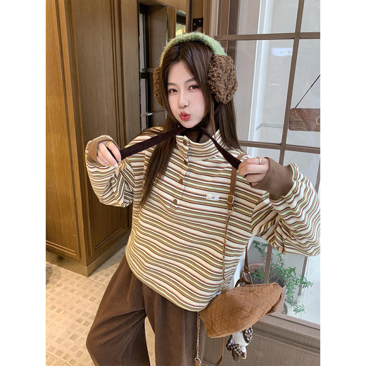 <曾小咸推荐>现货秒杀 ！微信超特价！韩系翻领条纹加绒卫衣 日常199.99 立减110 秒杀89.99！！ 商品图1