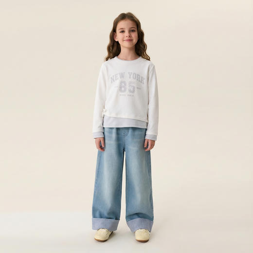 马克珍妮美式休闲女童假两件抽褶T恤2026年春装新款560187 商品图1