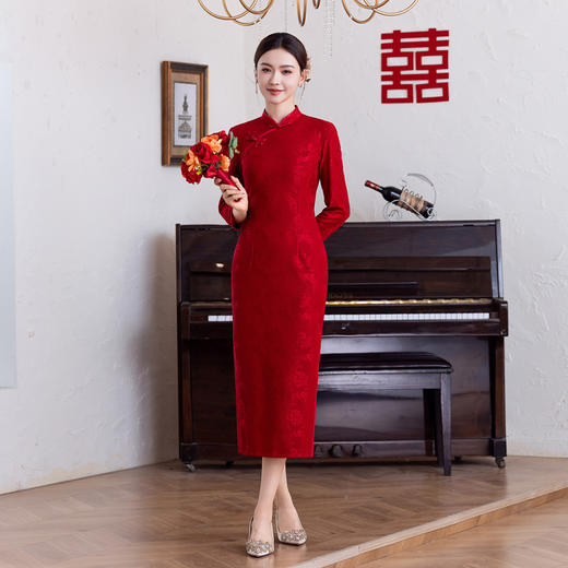 GX2025冬新款旗袍喜婆婆传统大码装婚回娘家宴会酒红蕾丝旗袍敬酒服 商品图0