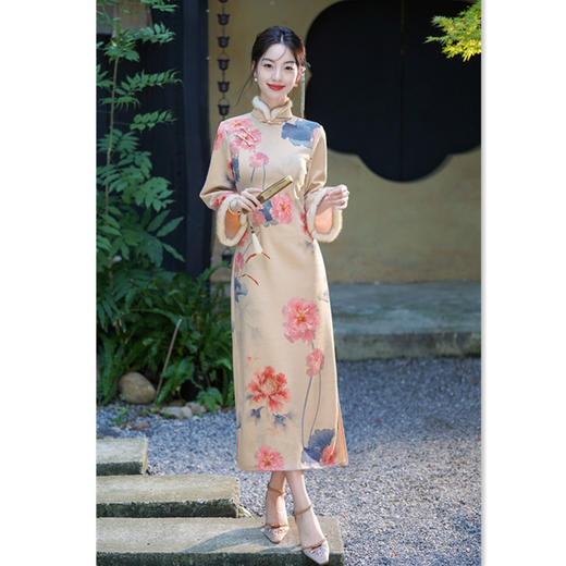 GX复合金钻绒长款A版倒大袖旗袍 2025冬新款时尚改良新中式显瘦旗袍 商品图0