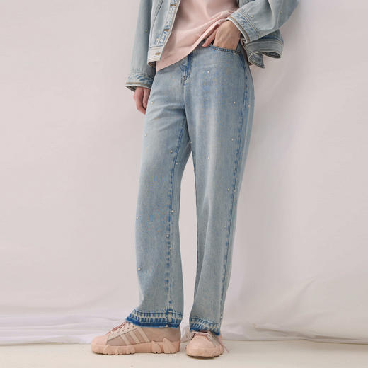 谜底直筒牛仔裤长裤2026春季新品洗水蓝绣花裤脚毛边女261MJ0053 商品图1