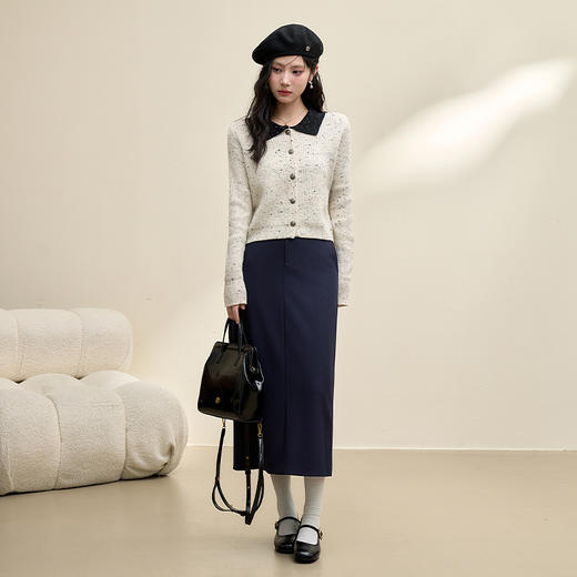 西遇针织开衫秋季新款法式斑点撞色小香风修身翻领毛衣外套P0043444 商品图1