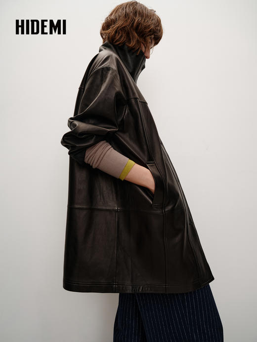 HIDEMI 进口西班牙羊麂皮/胎羊皮廓形中长款立领口袋皮衣大衣外套 商品图5