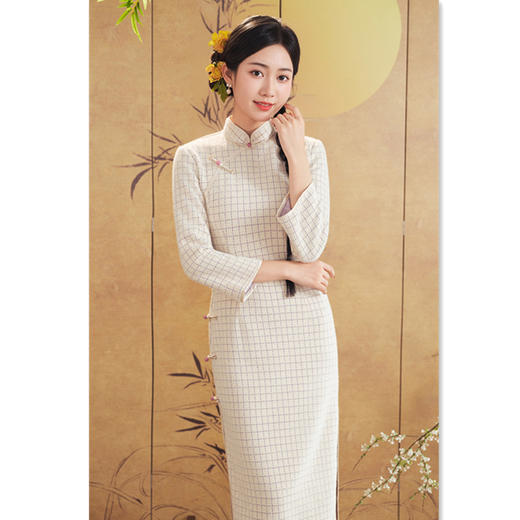 GX复古中国风貂绒细织长款格子少女款旗袍2025冬季新款改良显瘦旗袍 商品图0
