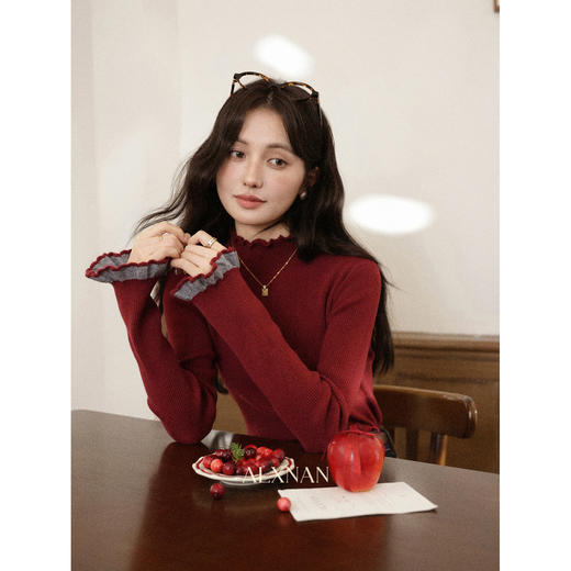 鹿向南「微醺酒红」长袖复古红色针织衫女秋冬新款显瘦打底衫上衣 商品图3