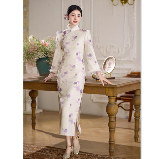 GX时尚年轻少女款提花加绒长款旗袍2025冬季新款日常可穿长袖旗袍裙 商品图2