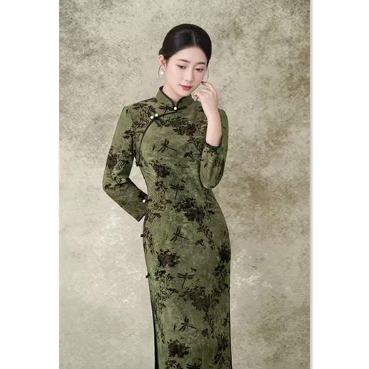 GX老上海复古中国风复合植绒长款七分袖旗袍2025冬季新款旗袍 商品图0