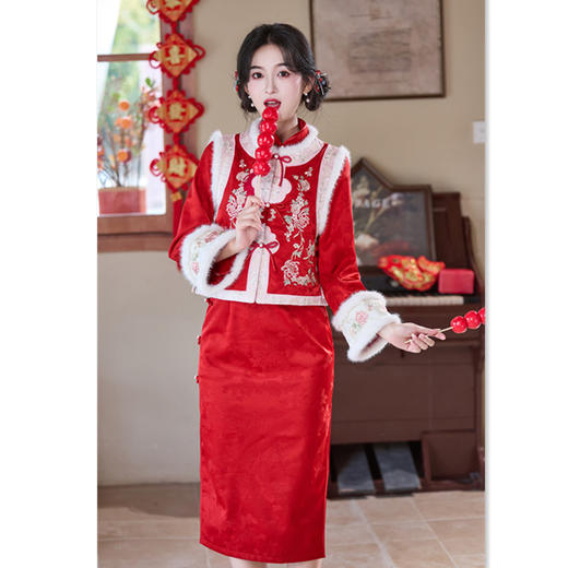 GX冬季婚宴旗袍2025新款新中式新年过年战袍红色马甲拜年服秋冬日常 商品图3