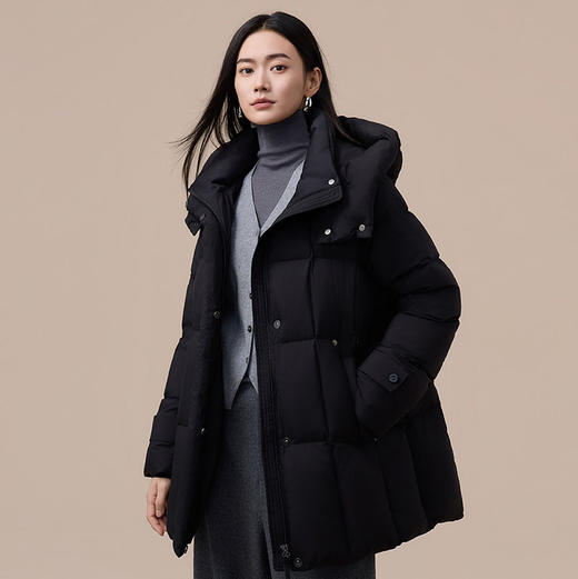 丁摩 小蛮腰高蓬连帽白鸭绒羽绒服女中长款YX217601 商品图2