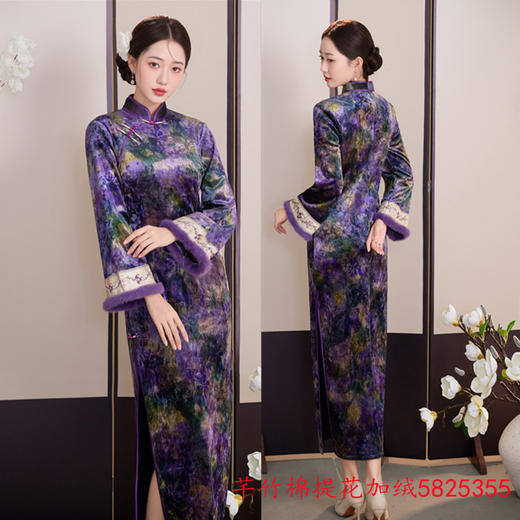 GX提花加绒长款倒大袖旗袍2025冬季新款时尚改良旗袍 商品图1