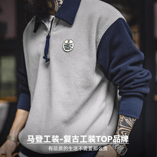 马登工装美式摇粒绒半开襟卫衣学院风polo领撞色套头保暖外套男春 商品图4