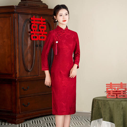 GX新娘红装中长七分袖旗袍2025秋冬新款喜妈妈婚宴回娘家旗袍连衣裙 商品图2