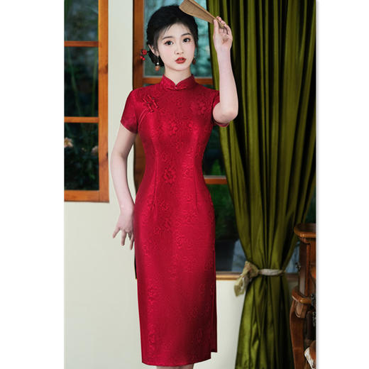 GX红蕾丝提花长款短袖婚宴旗袍2025春夏新款复古国风回娘家中式旗袍 商品图2