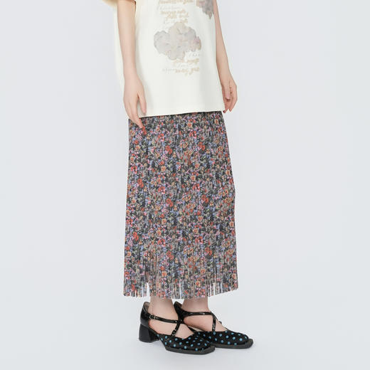 谜底花色半身裙2026春季新品复古松紧腰飘逸百褶长裙女265MB5014 商品图1