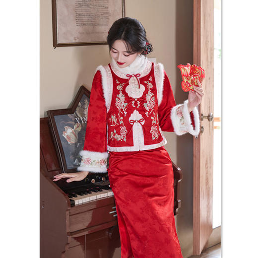 GX冬季婚宴旗袍2025新款新中式新年过年战袍红色马甲拜年服秋冬日常 商品图2