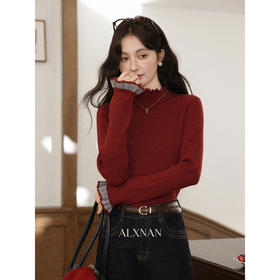 鹿向南「微醺酒红」长袖复古红色针织衫女秋冬新款显瘦打底衫上衣