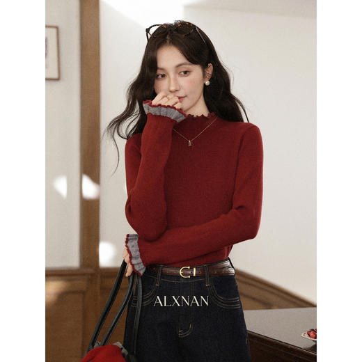 鹿向南「微醺酒红」长袖复古红色针织衫女秋冬新款显瘦打底衫上衣 商品图0