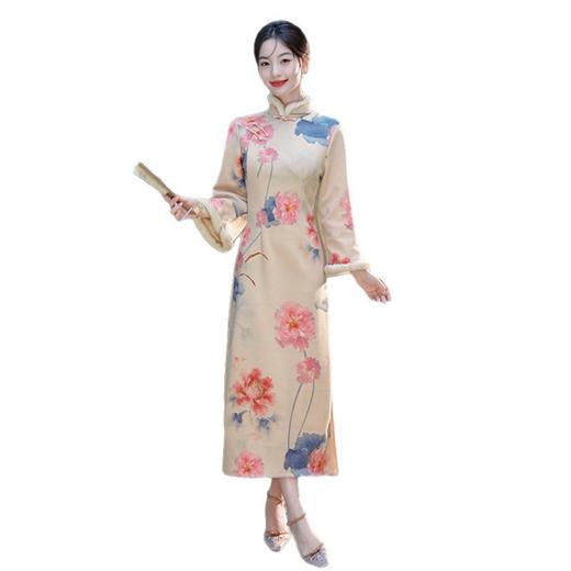 GX复合金钻绒长款A版倒大袖旗袍 2025冬新款时尚改良新中式显瘦旗袍 商品图4