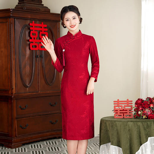 GX新娘红装中长七分袖旗袍2025秋冬新款喜妈妈婚宴回娘家旗袍连衣裙 商品图0