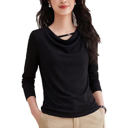 「自j」全新升级【铂金会员128/天猫169/差价41】(13754)洛诗琳气质设计感荡领T恤2026早春修身显瘦百搭打底上衣女 商品图4