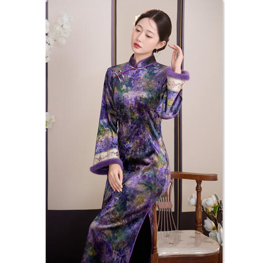 GX提花加绒长款倒大袖旗袍2025冬季新款时尚改良旗袍 商品图2