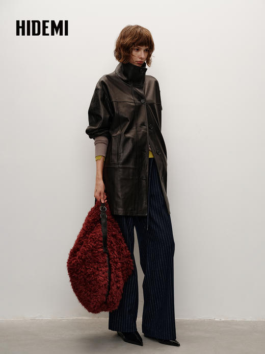 HIDEMI 进口西班牙羊麂皮/胎羊皮廓形中长款立领口袋皮衣大衣外套 商品图6