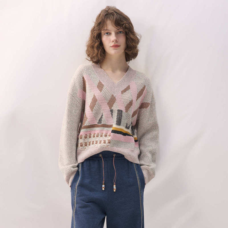 谜底V领套头针织衫长袖2026春季新品绵柔保暖透气毛衣女261MZ0317