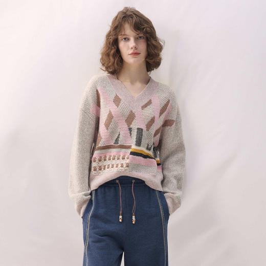 谜底V领套头针织衫长袖2026春季新品绵柔保暖透气毛衣女261MZ0317 商品图0