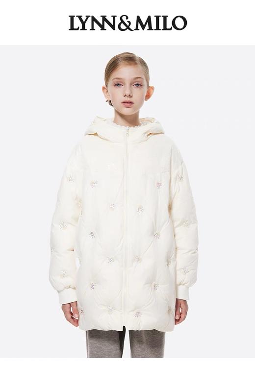 【春上新】8楼琳麦罗 LYNN&MILO 米色蕾丝拼接水母珠绣茧形连帽羽绒服 商品图1