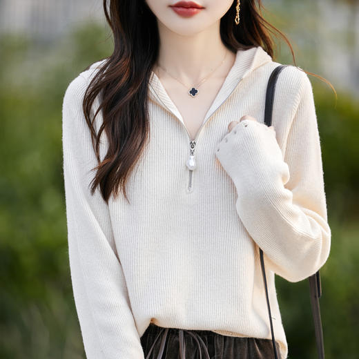 丁摩 100%纯羊毛连帽针织衫半拉链上衣  PY-5102 商品图3